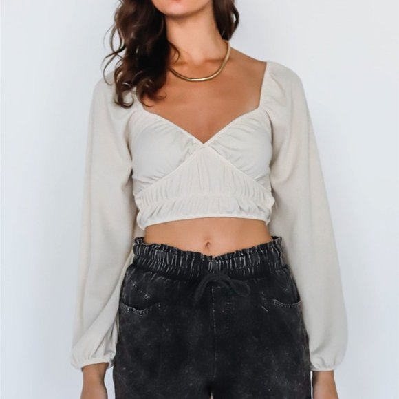 Taupe Waffle Knit V-Neck Black Lace Down Long Sleeve Crop Top - Picture 1 of 8